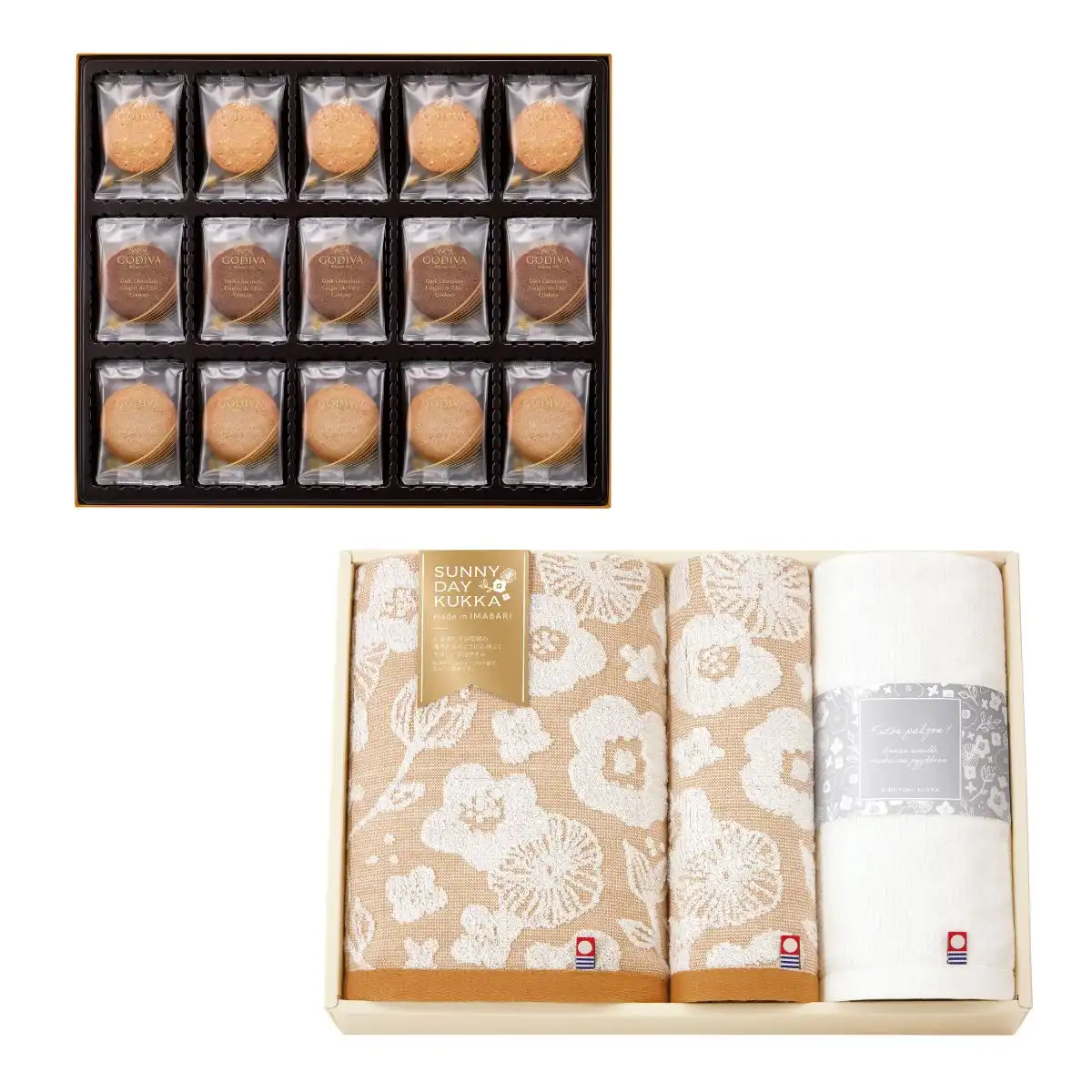 GODIVA ゴディバ ラングドシャクッキーアソートメント 52枚 GDC-511&サニーデイクッカ バスタオル1枚・フェイスタオル1枚・ハンドタオル1枚
